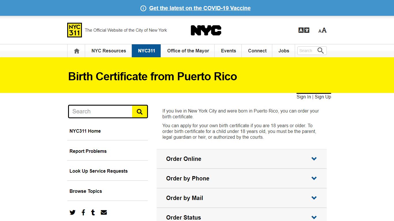 Birth Certificate from Puerto Rico · NYC311 - New York City